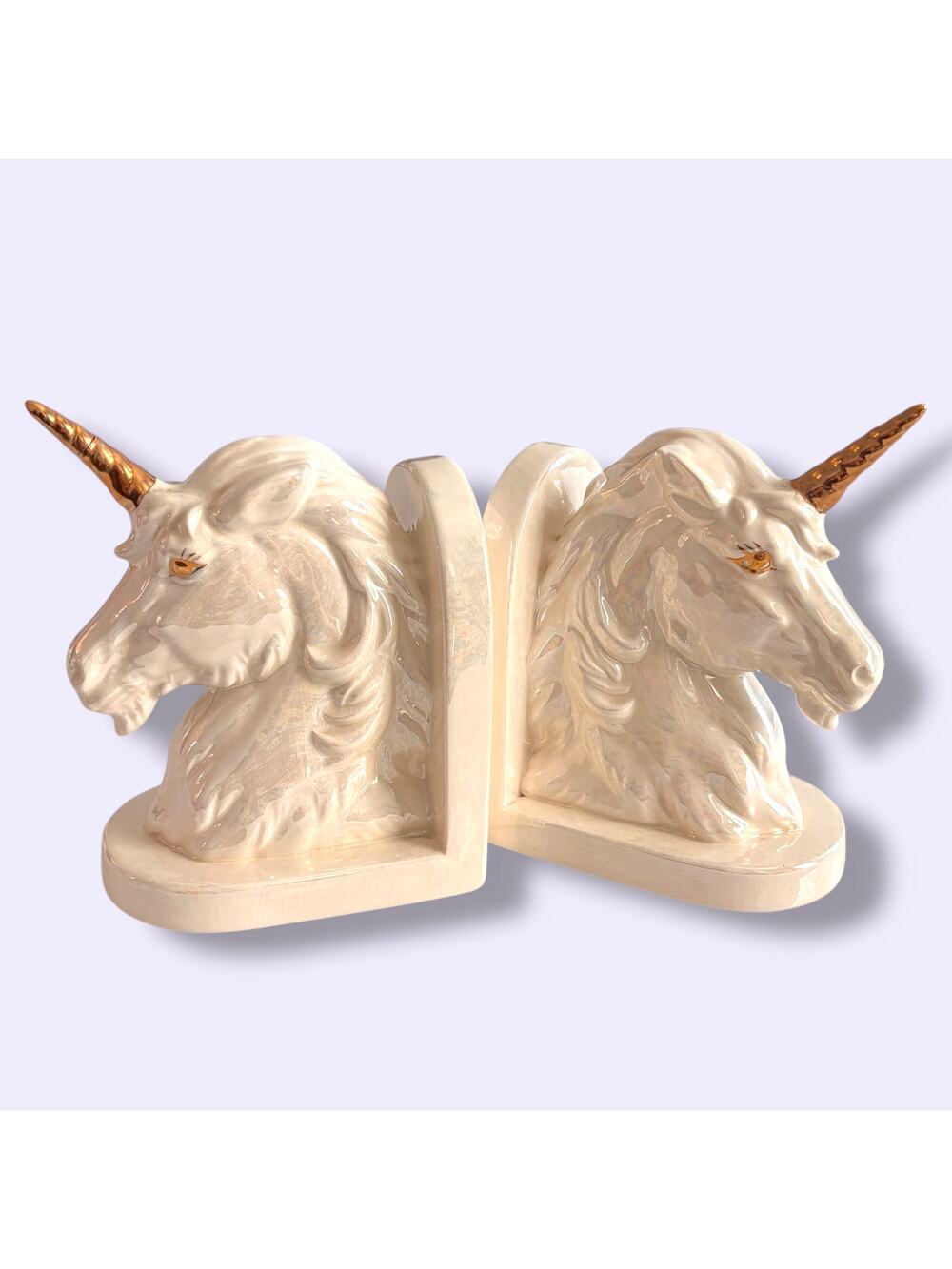Vtg 80s Unicorn Bookends *REPAIRED* Ceramic Iridescent White Gold Fairycore
